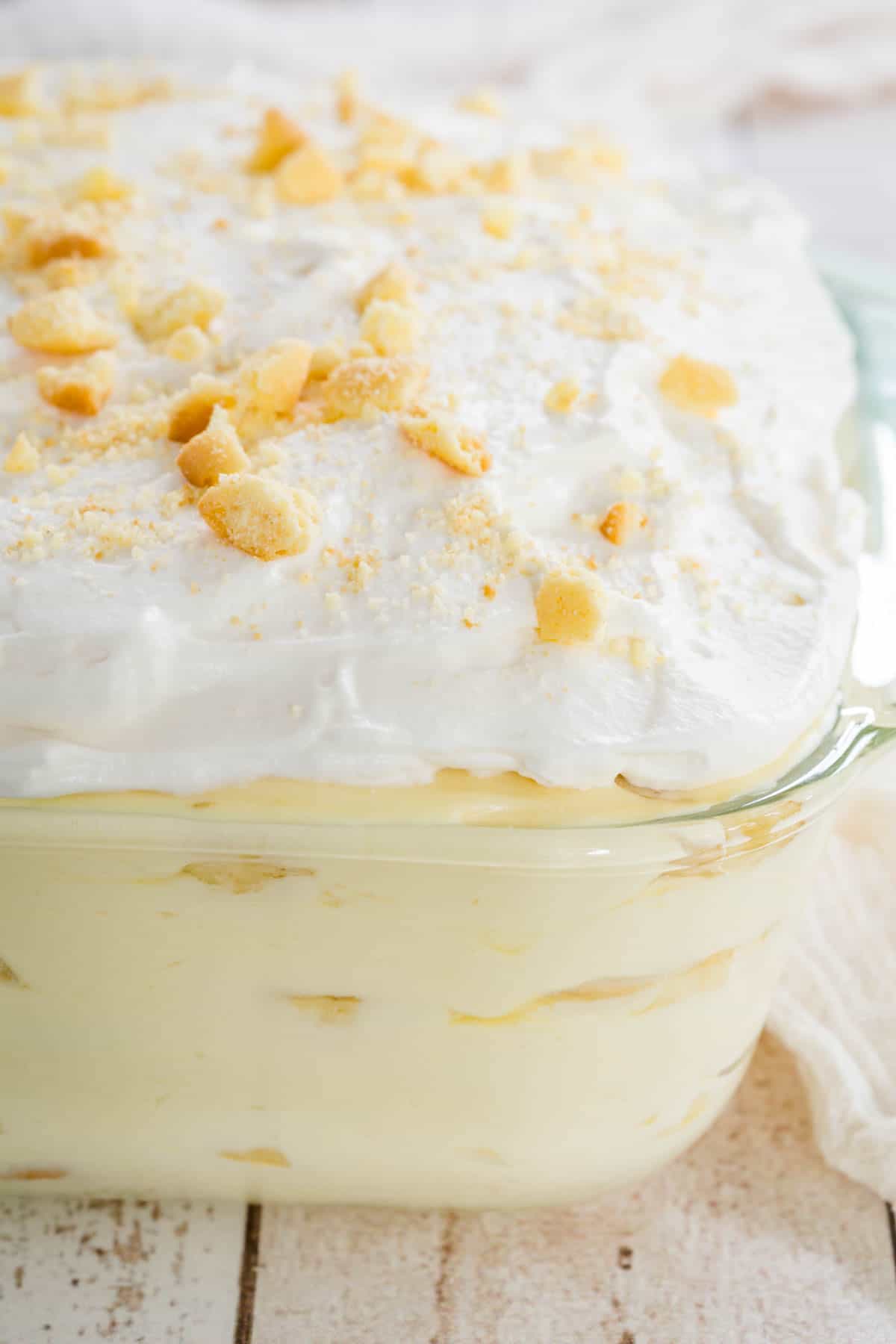 Gluten-free banana pudding in a glass casserole dish.