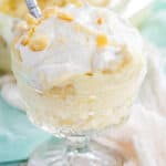 Gluten-free banana pudding served in a coup glass, with a spoon dipped into the top.
