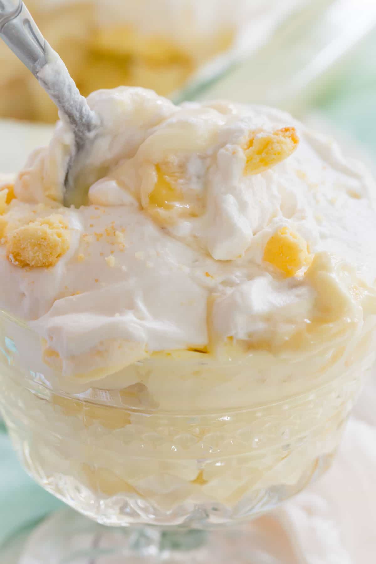 Gluten-free banana pudding served in a coup glass, with a spoon dipped into the top.