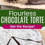 A slice of flourless chocolate cake being picked up on a spatula and the whole torte on parchment paper with two cut slices divided by a green box with text overlay that says "Flourless Chocolate Torte" and the words "Get the Recipe!".