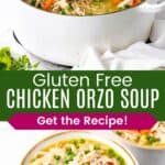 A ladle picking up a scoop of orzo pasta, chicken, carrots, and peas and a bowl of the soup divided by a green box with text overlay that says "Gluten Free Chicken Orzo Stew" and the words "Get the Recipe!".