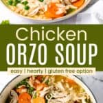 Looking down at a bowl of hearty soup with orzo pasta, chicken, carrots, and peas and the entire pot of stew divided by a green box with text overlay that says "Gluten Free Chicken Orzo Stew" and the words healthy, warm, and hearty..
