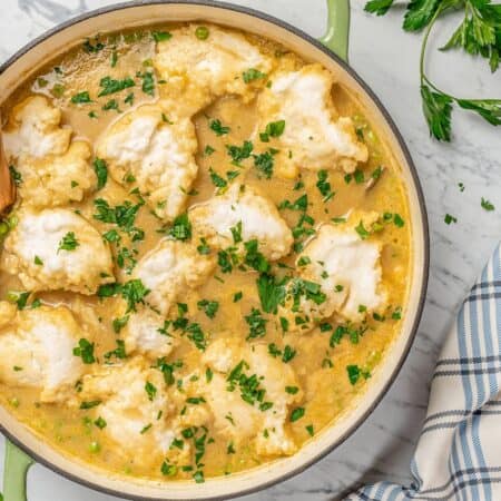 Looking down at a pot of chicken and dumplings garnished with parsley.