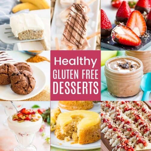 A three-by-three collage of cookies, cakes, parfaits, and more with a pink box in the middle with text overlay that says "Healthy Gluten Free Desserts".