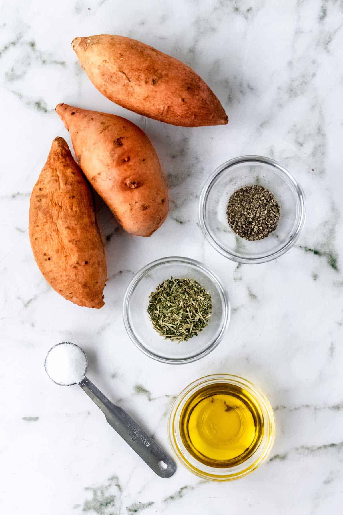 The ingredients for Herbes de Provence baked sweet potato fries.