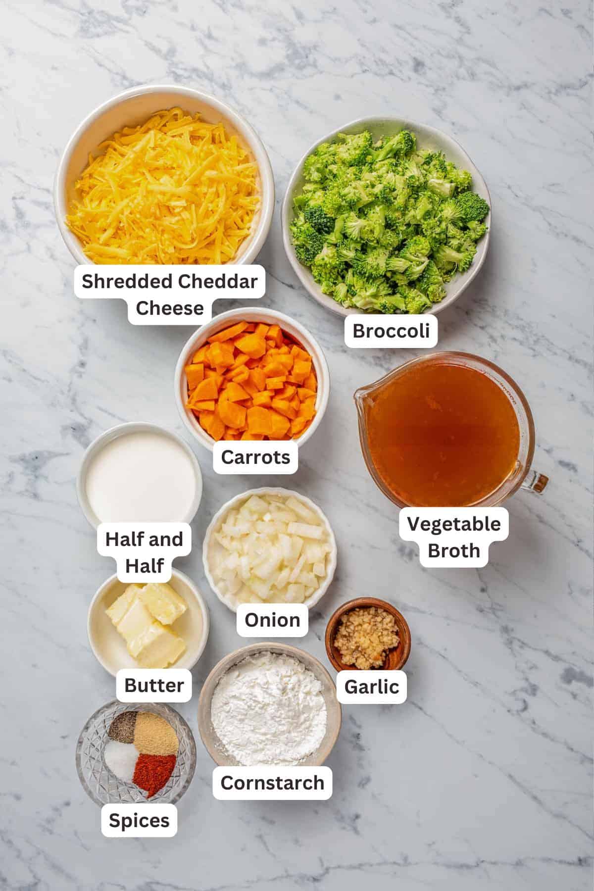 Ingredients for Instant Pot Broccoli Cheddar Soup.