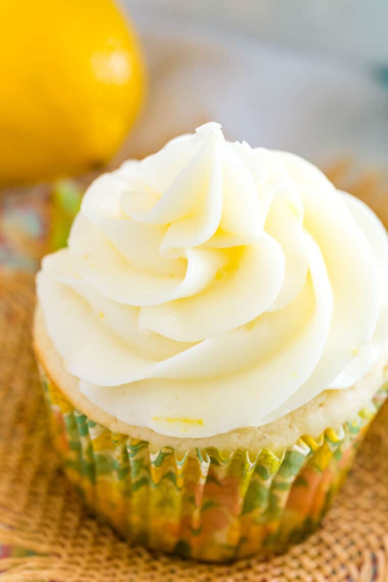 A frosted gluten-free lemon cupcake.