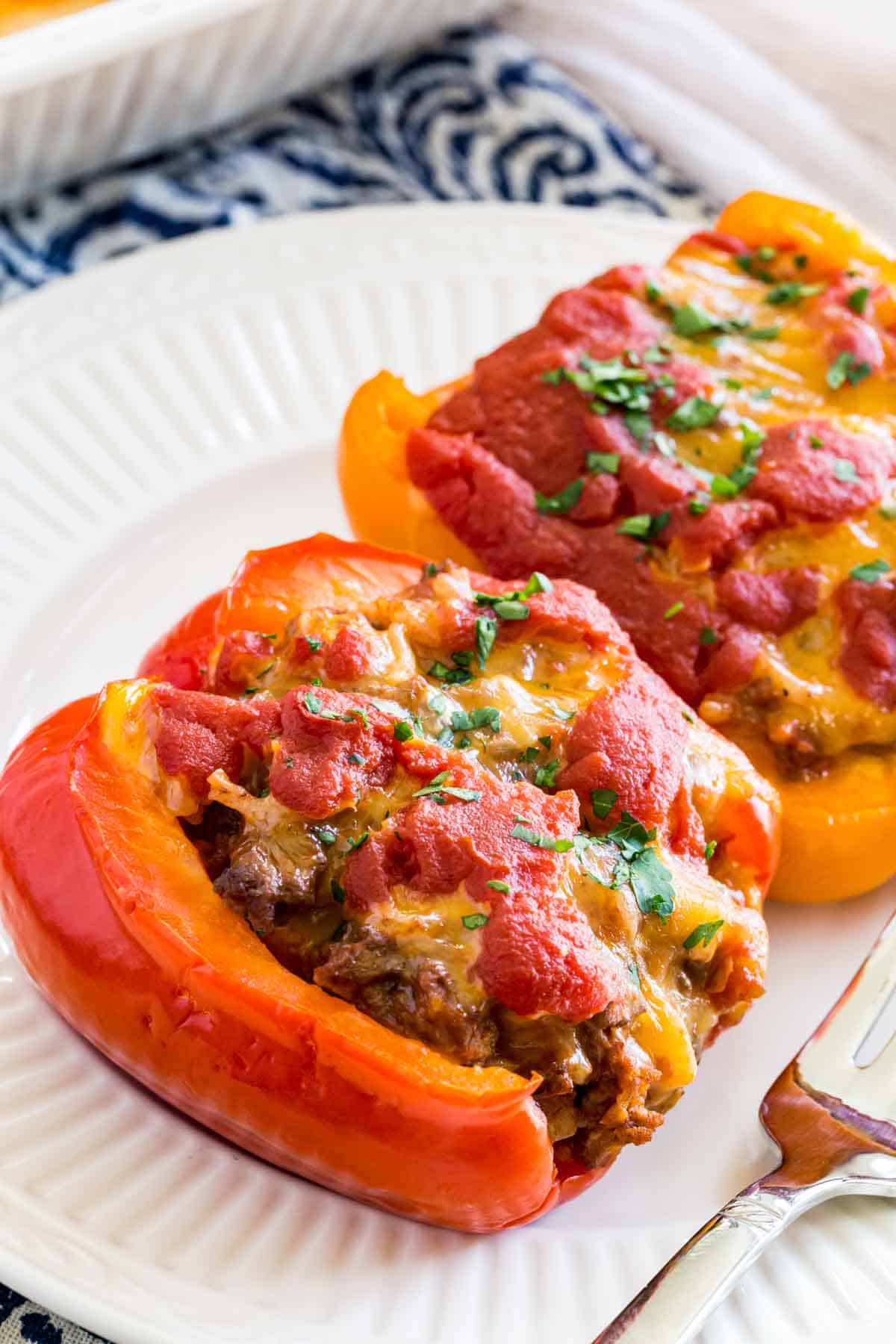 Two stuffed pepper halves on a white plate.