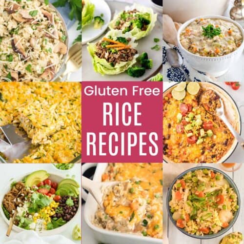 A three-by-three collage of rice dishes like beef burrito bowl, chicken wild rice soup, zucchini rice casserole, beef lettuce wraps, and more with a pink box in the middle with text overlay that says "Gluten Free Rice Recipes".