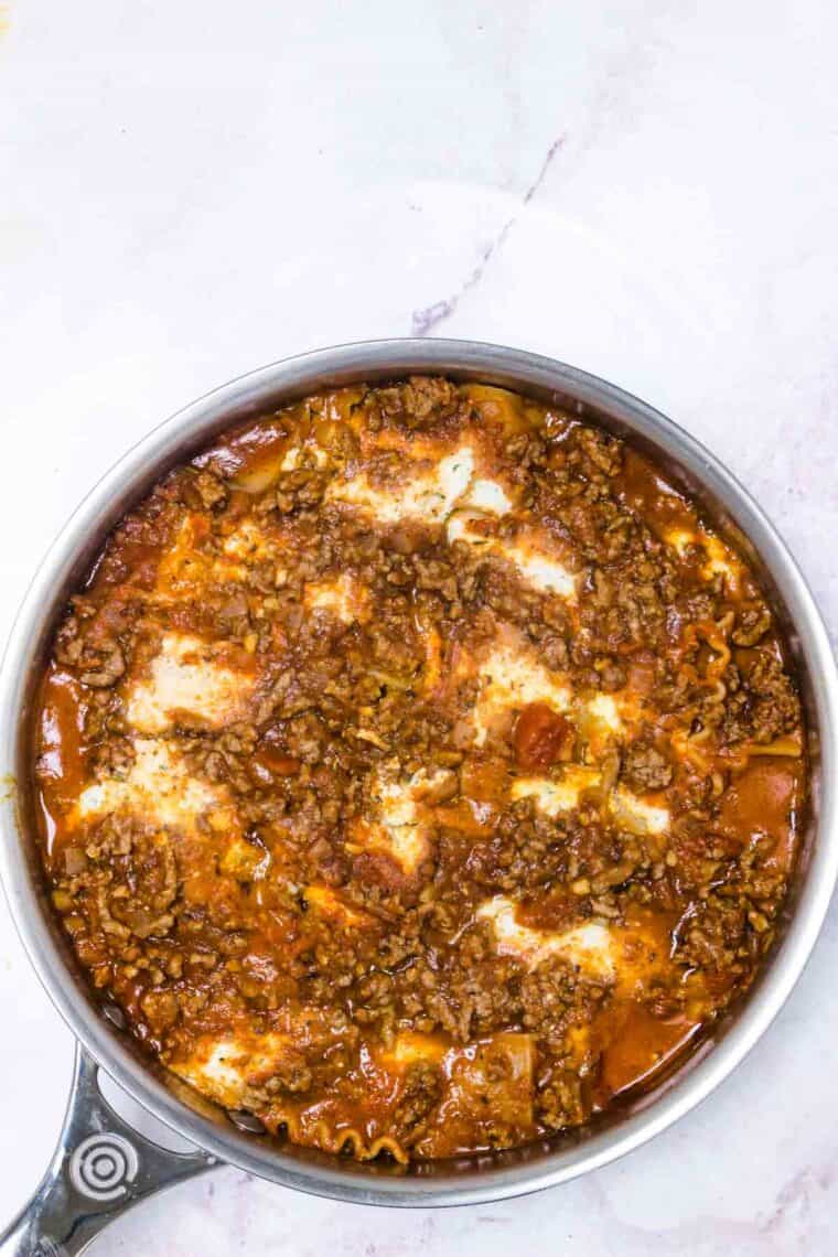 Cooked gluten-free skillet lasagna.