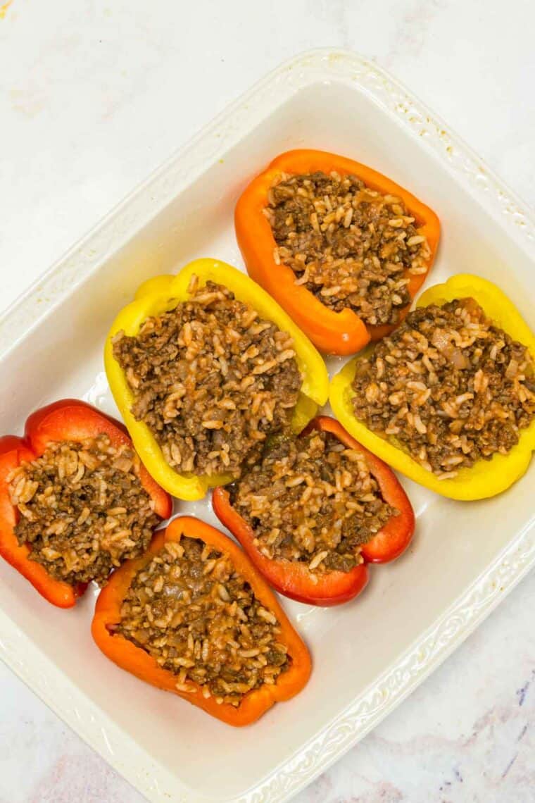 Bell peppers filled with a beef and rice mixture.