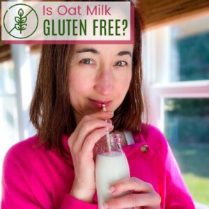 A woman drinking milk through a star from a glass bottle with text overlay that says "Is Oat Milk Gluten Free?".