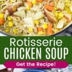 A serving spoon in a pot of chicken soup with vegetables and a serving in a blue bowl next to a blue and white plaid napkin with a spoon on it divided by a green box with text overlay that says "Rotisserie Chicken Soup" and the words "Get the Recipe!".