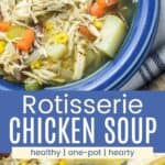 A blue bowl of chicken soup with vegetables and a closeup of a serving spoon in the pot of soup divided by a blue box with text overlay that says "Rotisserie Chicken Soup" and the words healthy, one-pot, and hearty.