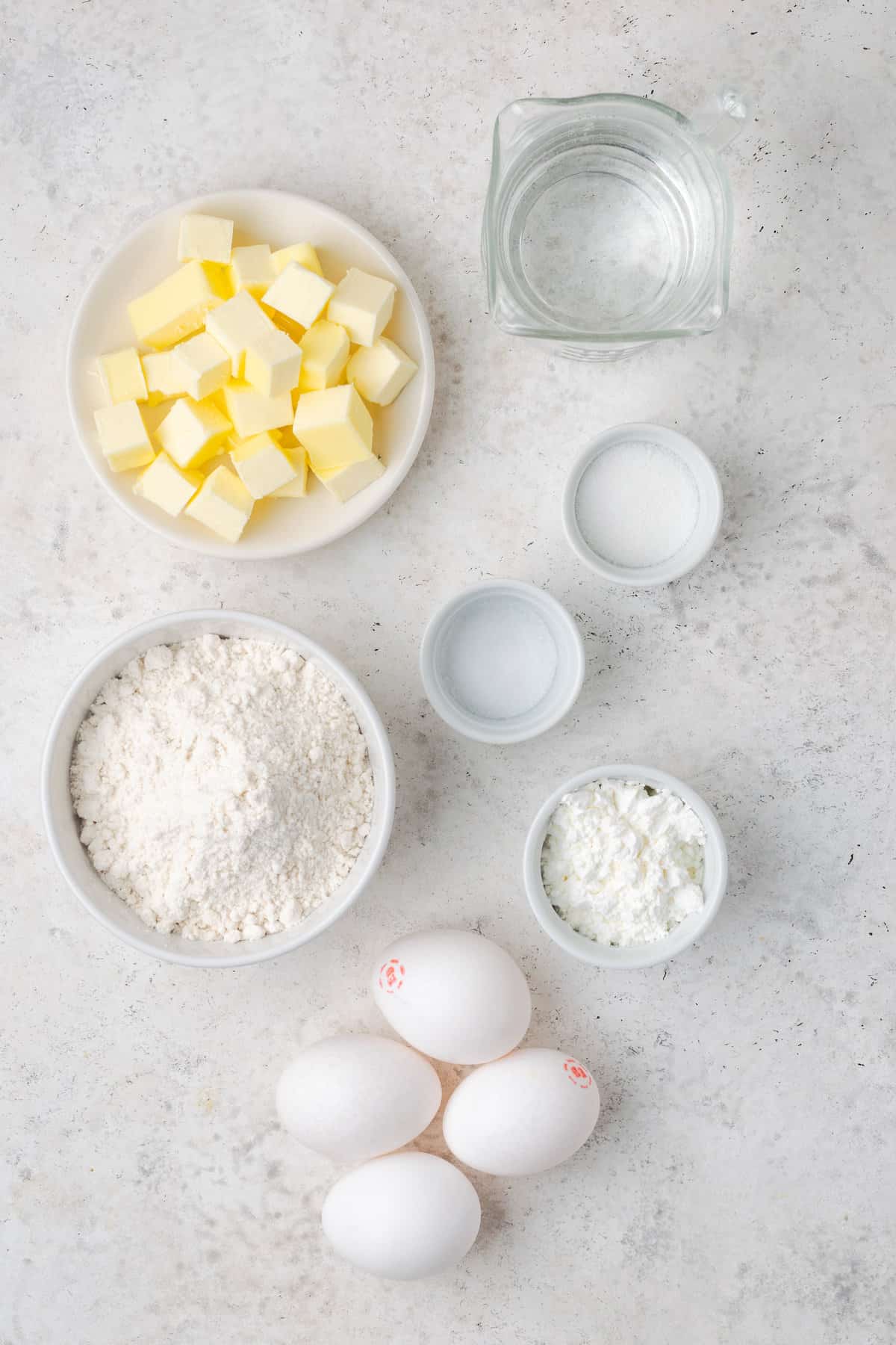 The ingredients for gluten free pate a choux.