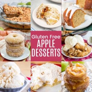 A three-by- three collage of square photos of an apple pie slice being lifted from the pie, an apple turnover, apple cider donuts, a jar of apple pie filling, and a slice of apple bundt cake and more with a pink box in the middle with text overlay that says "Gluten Free Apple Desserts".