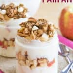 Yogurt, apples, and granola layered in a jar with text overlay that says "Apple Parfait".