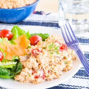 A serving of barbecue ranch quinoa chicken salad on a white plate with a side salad.