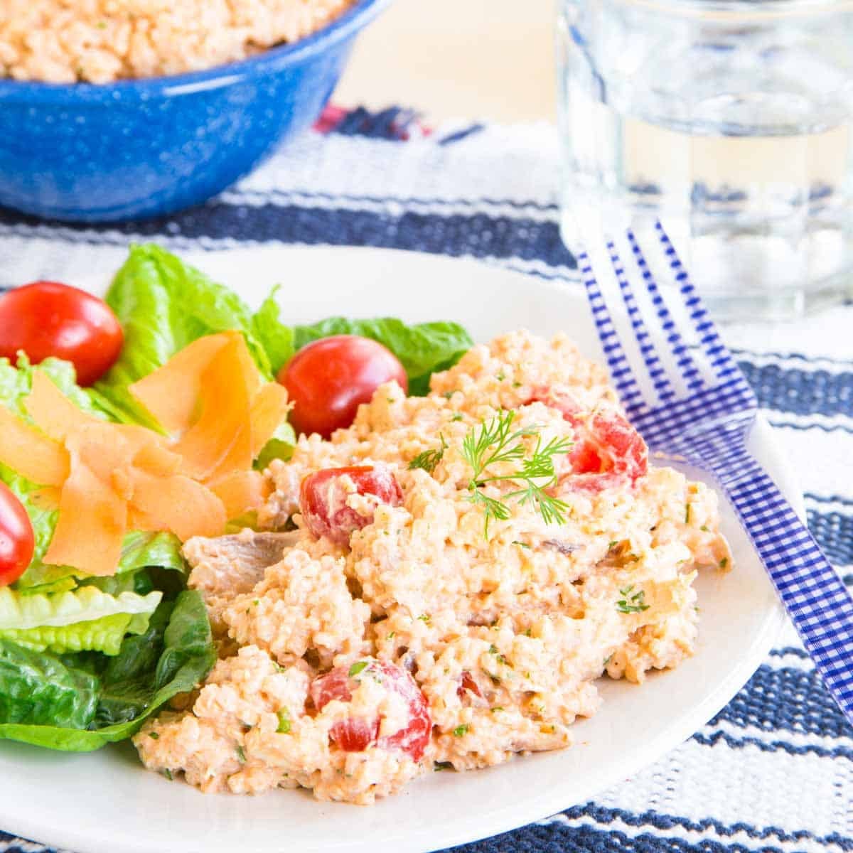A serving of barbecue ranch quinoa chicken salad on a white plate with a side salad.