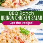 A creamy quinoa salad on a plate and in a bowl divided by a green box with text overlay that says "BBQ Ranch Quinoa Chicken Salad" and the words "Get the Recipe!".