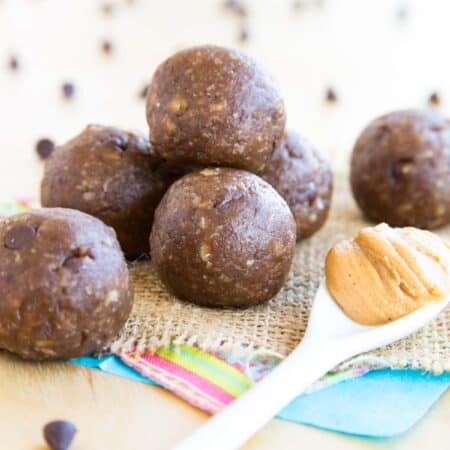 Banana Chocolate Peanut Butter Energy Balls on a piece of burlap.