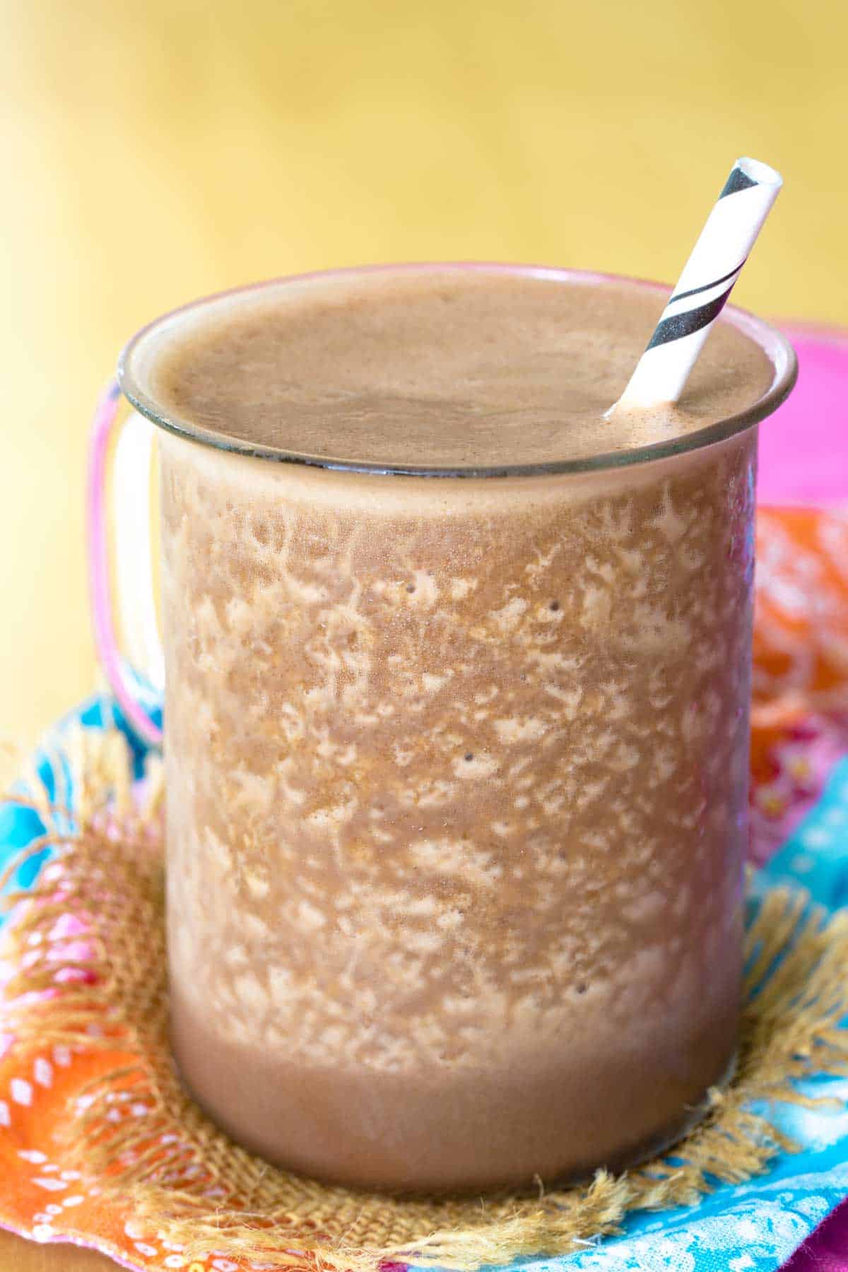 Chocolate Almond Protein Blended Cold Brew in a clear glass mug