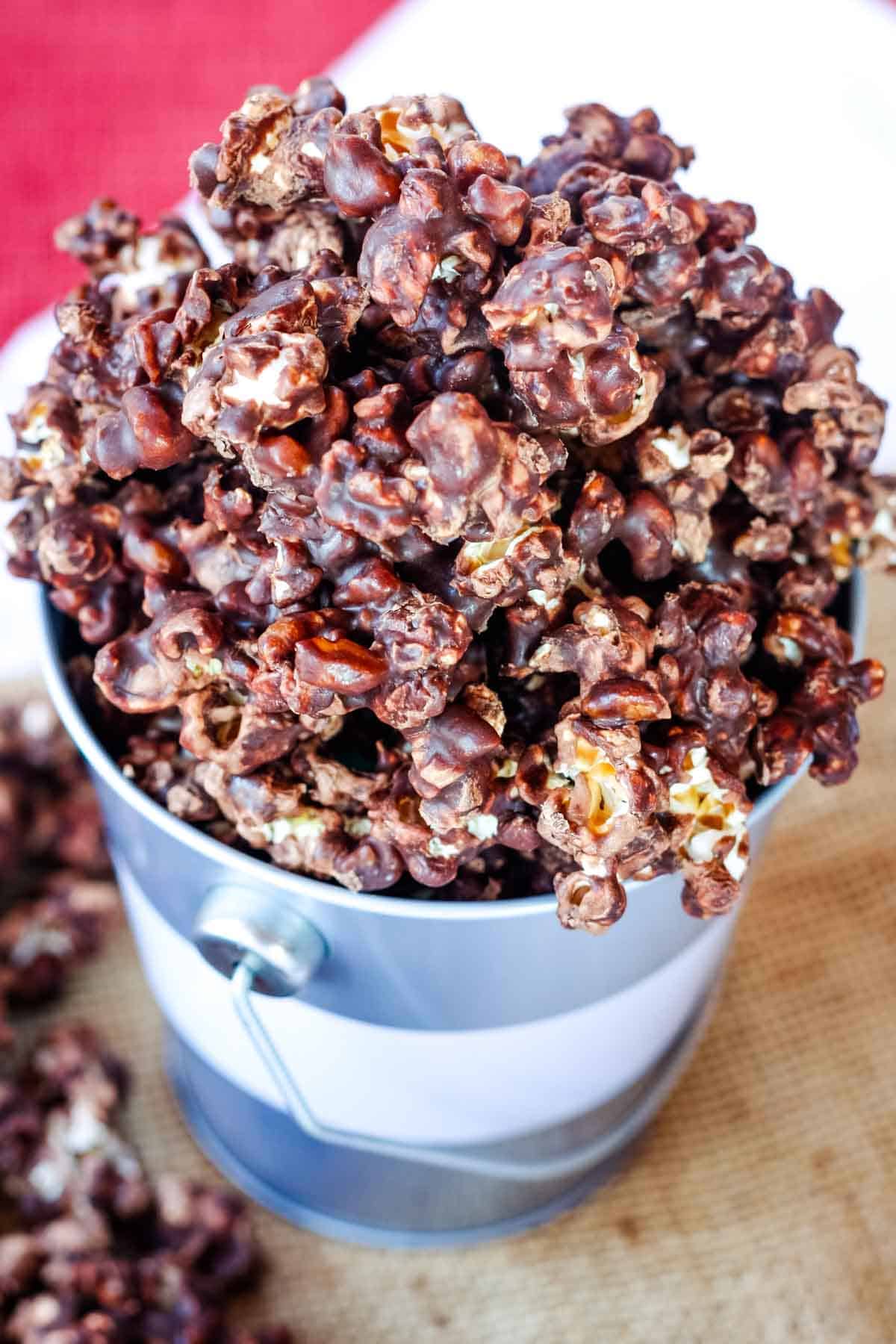 A closeup of chocolate-covered popcorn.