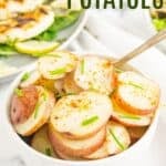 A bowl of cooked potato slices with text overlay that says "Campfire Potatoes".