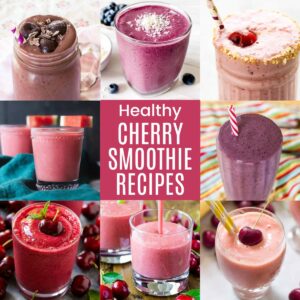 A three-by-three collage of various cherry smoothies with a pink square in the middle with text overlay that says "Healthy Cherry Smoothie Recipes"