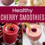 A collage of various cherry smoothies divided by a red box with text overlay that says "Healthy Cherry Smoothies"