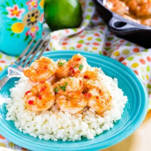 Chili Lime Shrimp on top of cauliflower rice on a turquoise plate.