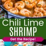 Shrimp coated in sauce in a skillet with tongs and served over cauliflower rice on a turquoise plate divided by a green box with text overlay that says "Chili Lime Shrimp" and the words "Get the Recipe!"