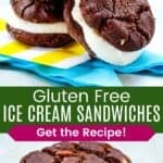 Three ice cream sandwiches piled on napkins and a closeup of one wirth the edge rolled in coconut divided by a green box with text overlay that says "Gluten Free Ice Cream Sandwiches" and the words "Get the Recipe!".