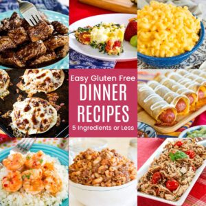 A three-by-three collage of dishes such as steak bites, shrimp served over cauliflower rice, frittata, macaroni and cheese, and more with a pink box in the middle with text overlay that says "Easy Gluten Free Dinner Recipes - 5 Ingredients or Less".