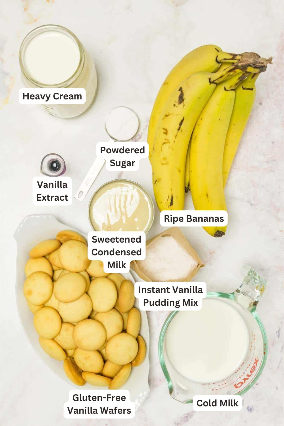 Ingredients for Easy Gluten Free Banana Pudding (Magnolia Bakery-Style).