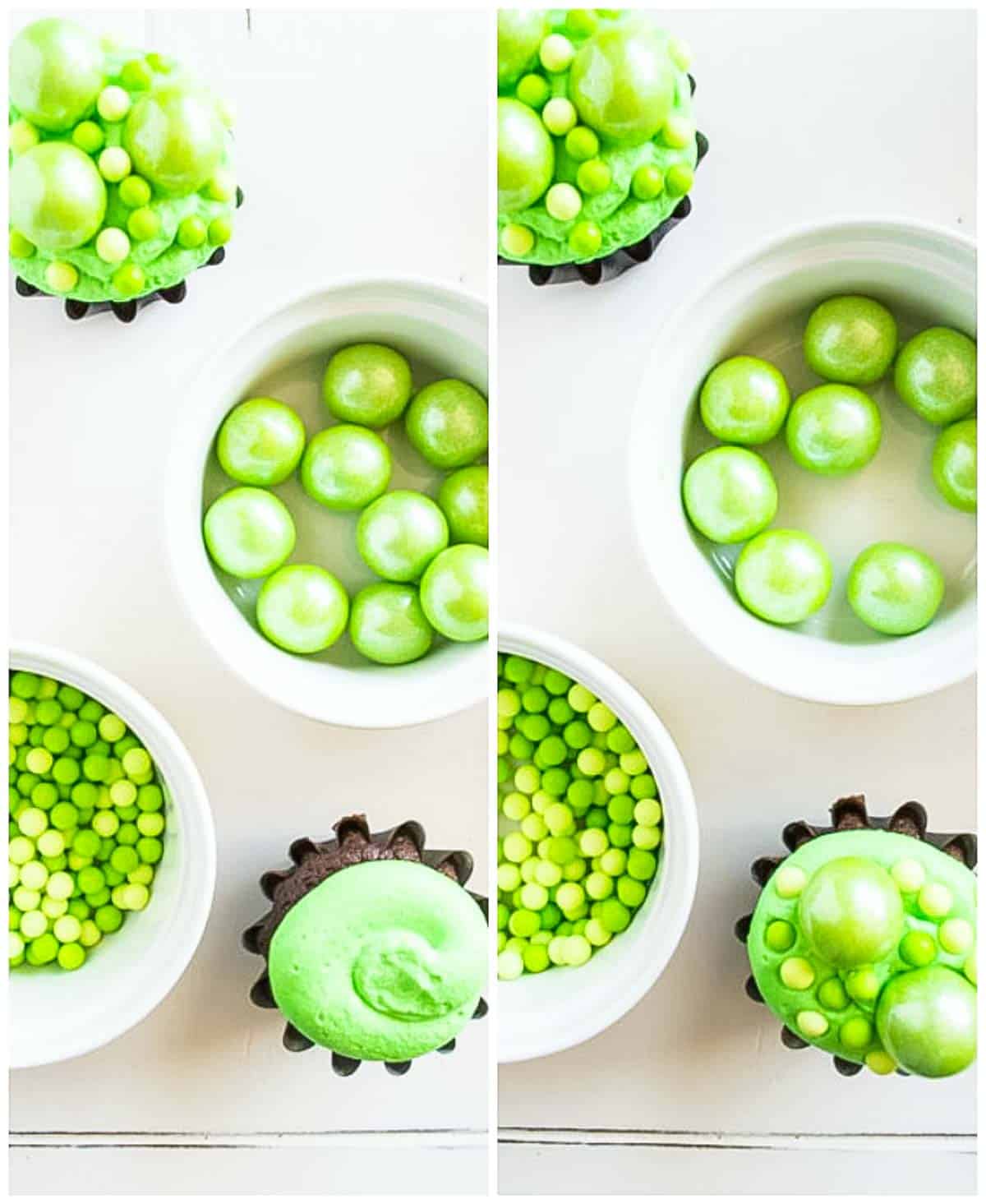 Bowls of sugar pearls and green gumballs with cupcakes being decorated with them.