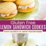 A pile of cookie sandwiches on a light green platter and lemon buttercream being piped onto the bottom of a vanilla wafer divided by a purple box with text overlay that says "Gluten Free Lemon Sandwich Cookies" and the words "from scratch or semi-homemade".