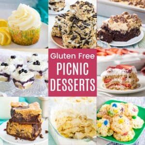 A three-by-three collage of photos of a lemon cupcake, strawberry icebox cake, brookies, banana pudding, and more with a pink box in the middle with white text that says "Gluten Free Picnic Desserts".