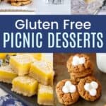A two-by-three collage of photos of a chocolate cupcake, strawberry icebox cake, fluffernutter cookies, monster cookie bars, and more with a blue box in the middle with text that says "Gluten Free Picnic Desserts".
