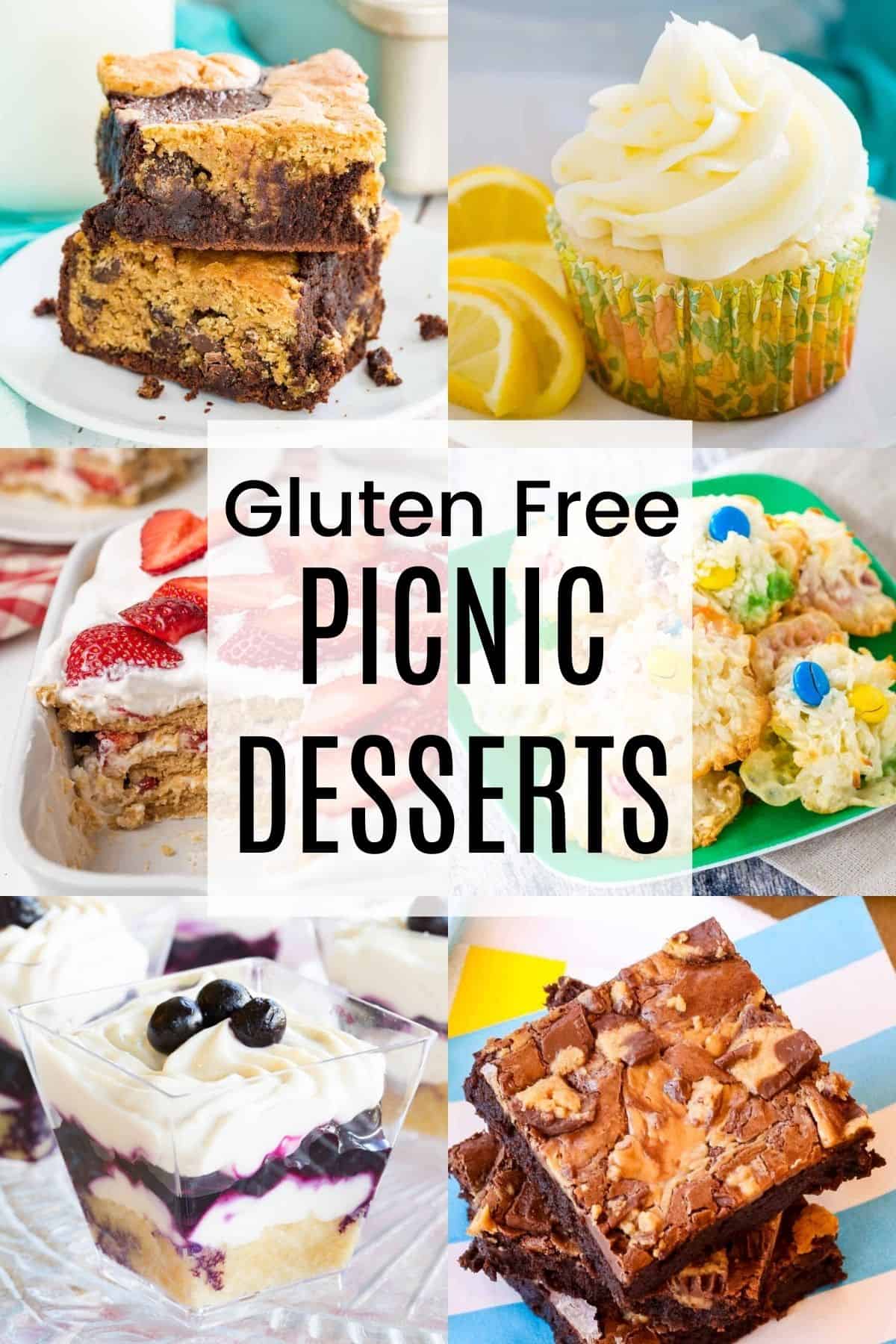 collage of photos of fluffernutter cookies, chocolate cupcake, reese's poke cake, peach cheesecake bars, s'mores bars, and blueberry cheesecake parfaits