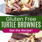 A closeup of a brownie topped with caramel, pecans, and cheesecake swirl leaning against each other on a plate and several piled on a cake stand divided by a green box with text overlay that says "Gluten Free Turtle Brownies" and the words "Get the Recipe!".