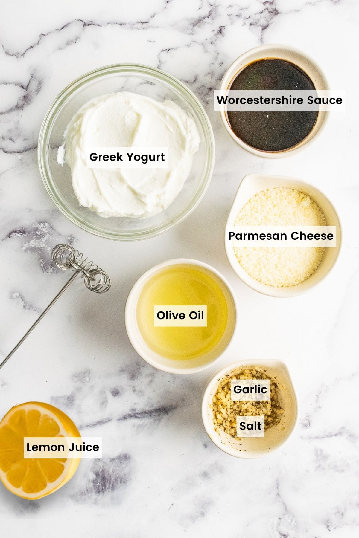 Greek Yogurt Caesar Dressing Ingredients with text labels.