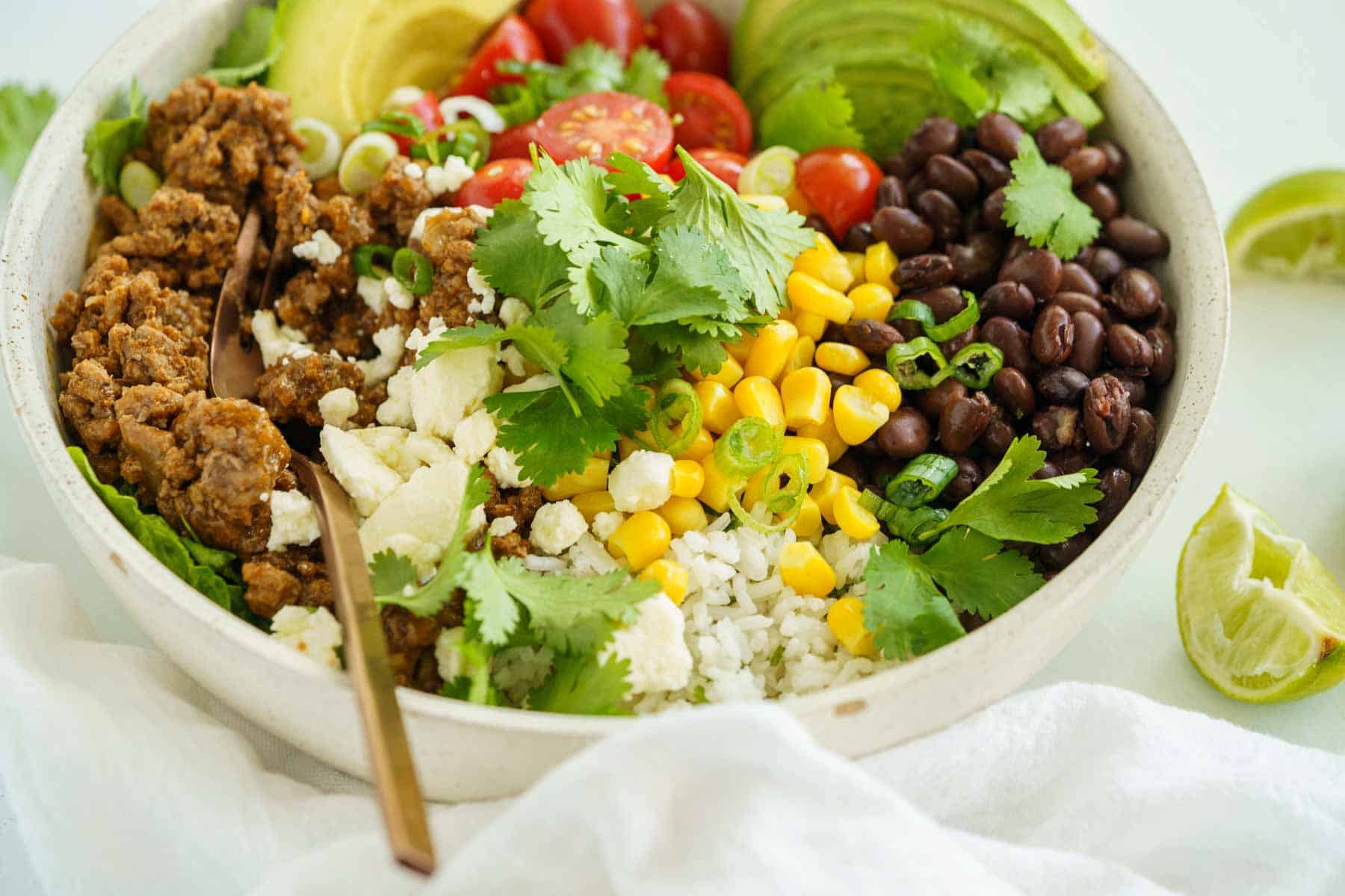 A Close-Up Shot of a Southwestern Beef Burrito Bowl.