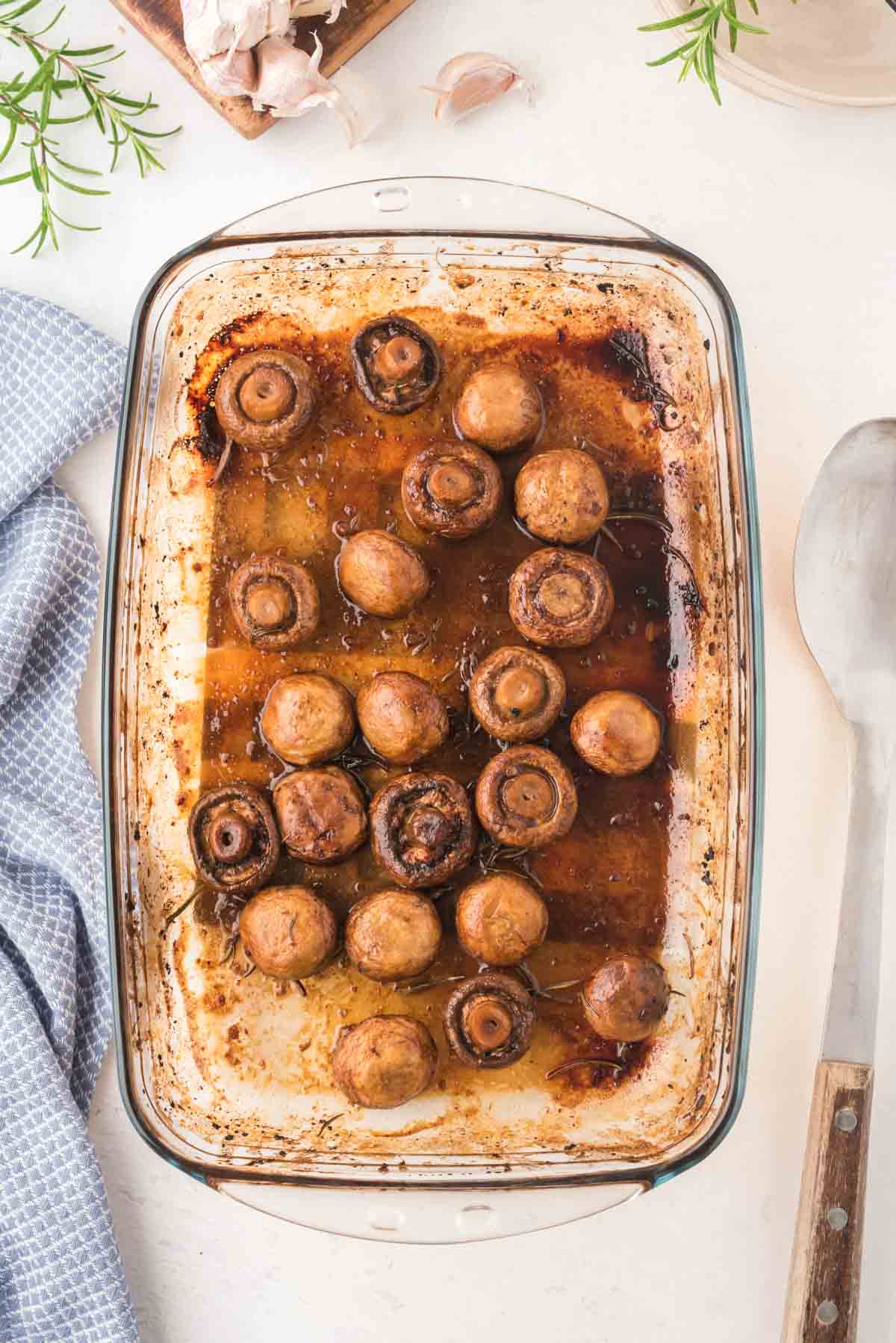 Roasted Mushrooms in a baking dish.