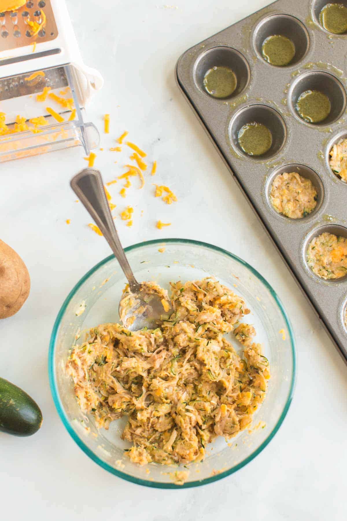 Zucchini Tots Mixture in Bowl.