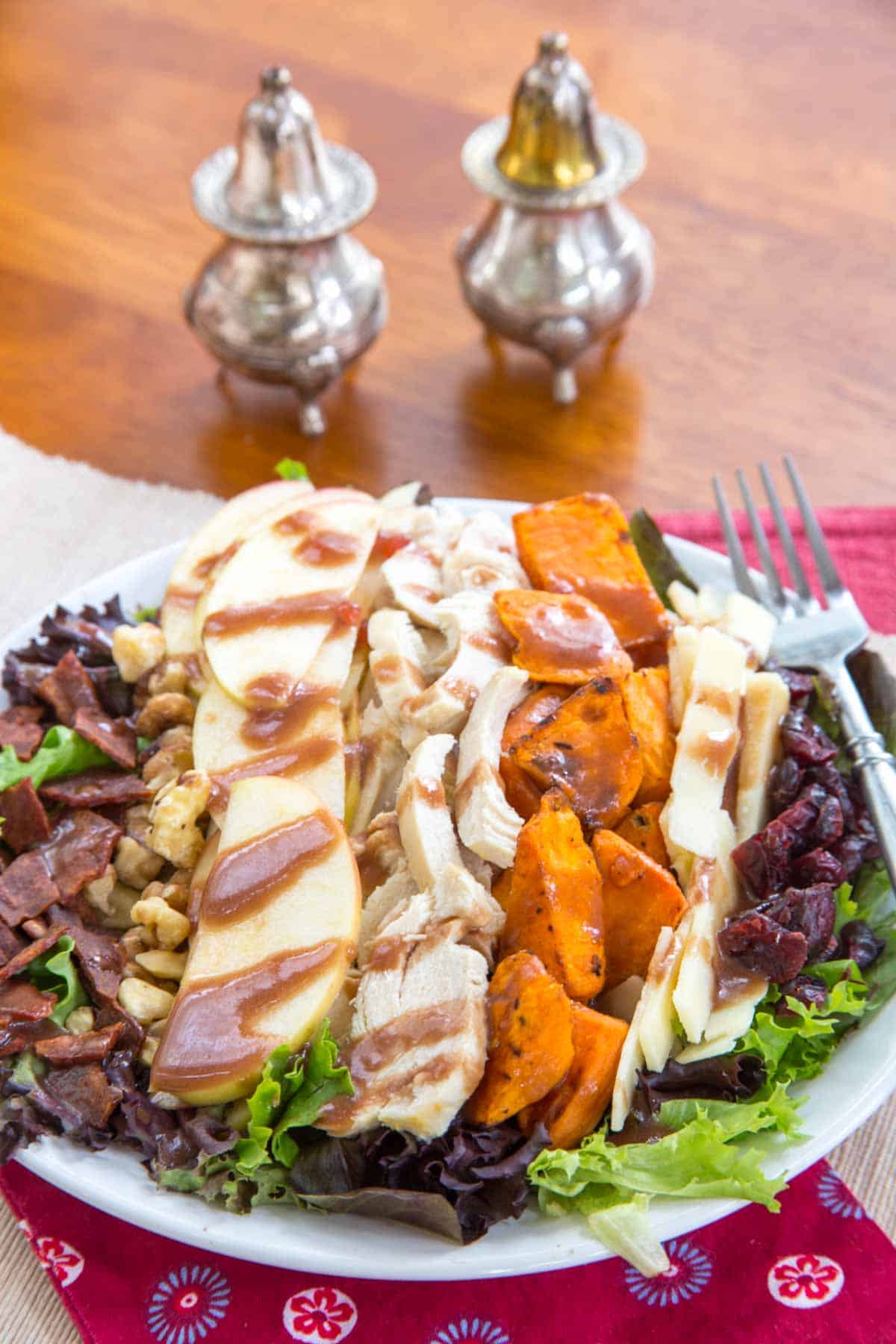 Lettuce topped with the following ingredients from left to right: crumbled bacon, chopped walnuts, apple slices, chopped cooked turkey, roasted sweet potato cubes, shredded cheddar cheese, and dried cranberries.