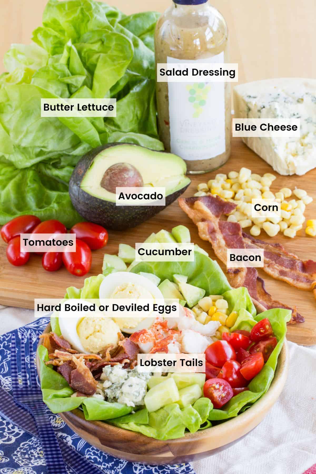 A bowl of salad with more of the ingredients on a cutting board with text labels.