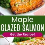 Salmon with a glaze and sesame seeds on a plate, and sauce being dripped off a spoon onto the salmon divided by a green box with text overlay that says "Maple Glazed Salmon" and the words "Get the Recipe!".