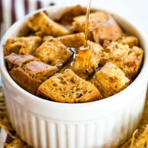 Syrup dripping onto a mini French toast casserole.