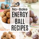 A two-by-three collage of different energy bites with a transparent white box in the middle with text overlay that says "No-Bake Energy Balls Recipes".